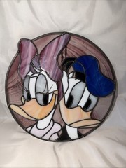 Beautiful Stained Glass Sun catcher Handmade DISNEY DAISY & DONALD DUCK 9”x9”