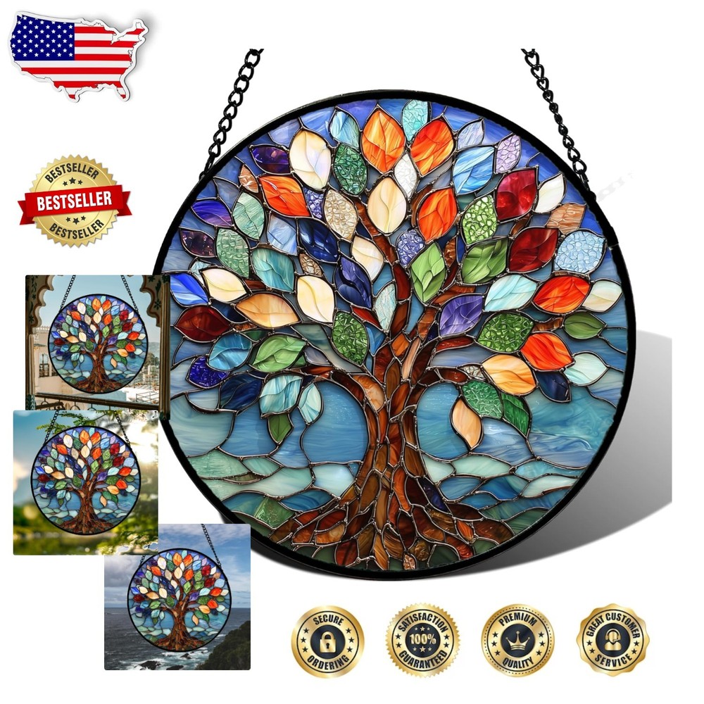 Colorful Stained Glass Tree of Life Window Hanging 14.9″ Suncatcher