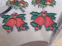 LOT of 4 Vintage CHRISTMAS SUNCATCHERS Stained Glass ORNAMENTS Bells & Candles