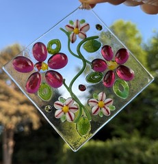 Fused Glass Handmade Diamond Shaped Multicolored Sun Catcher Signed By Artist