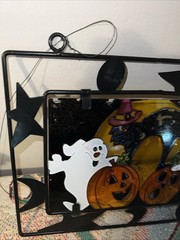 Vintage Halloween Stained Glass Window Sun Catcher 13”x 9.5” Ghost Cat Pumpkin