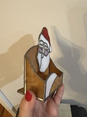 Stained Glass Metal Santa Face Christmas Box Planter Card Holder Candle Vtg