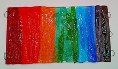 Fused Glass Rainbow Art Tile Sun Catcher Vibrant Colors Unsigned 9 5/8″Lx5 3/8″W