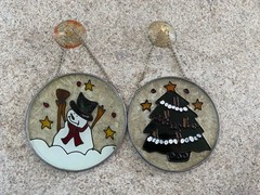 Vintage Stained Glass Christmas Sun catcher Lot Ready To Hang Snowman & Tree