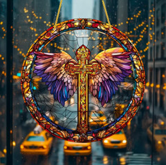Large Wings of Faith Acrylic Suncatcher, Cross & Angel Wings, Stained Glass Look
