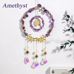 Round Suncatcher Natural Crystal Raw Stone Sun Wind Chime Leaves Pendant Hanging