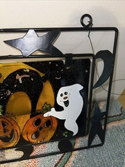 Vintage Halloween Stained Glass Window Sun Catcher 13”x 9.5” Ghost Cat Pumpkin