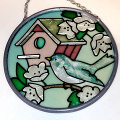 Joan Baker Designs Blue Bird Birdhouse Garden Hand Painted Glass Suncatcher 3.5″