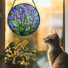 Stained Glass Suncatcher Blue Purple Flower Window Hanging Decoration 7.8″