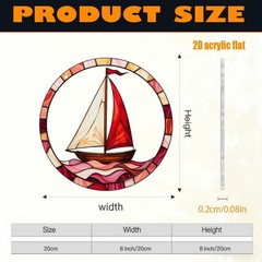 Red Sailboat Pink Ocean Wave Warm Tone Mosaic Rim Round Acrylic Suncatcher Decor