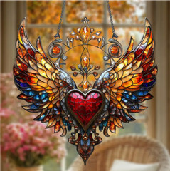 Large Red Heart Acrylic 2D Suncatcher, Angel Wings, Stained Glass Look, 8in
