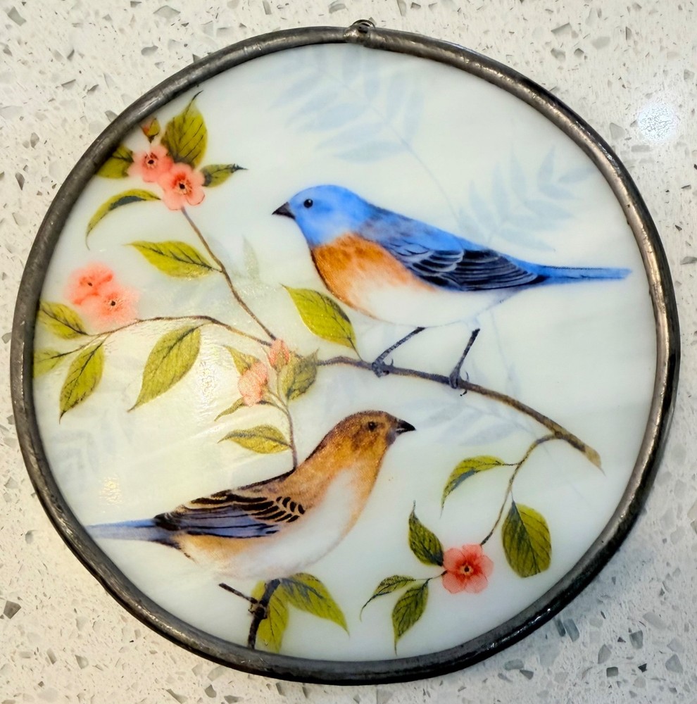 Vintage White Slag Glass Window Sun Catcher Painted Songbirds Flowers