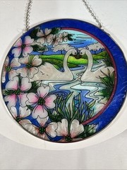 Swan Pair Stained Glass Window Hanging – Romantic Floral Art Decor