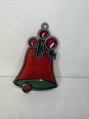 Vintage Christmas Ornament Stained Glass Like Suncatcher Bell Red And Green