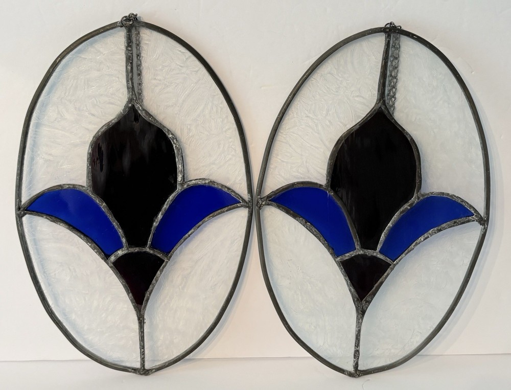 2 Handmade Hanging Stained Blue & Black Sun Catcher Tulip Floral 12.5″T x 8″W