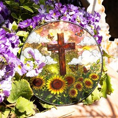 8″ Stained Glass Cross Suncatcher with Sunflower & Butterfly for Women Gifts