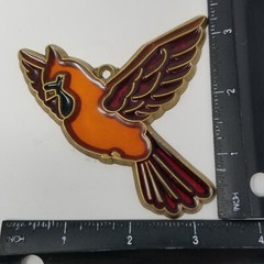 Vintage Orange Body Red Cardinal Stained Glass Brass Suncatcher Ornament 3″