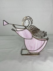 Pink Clear Stained Glass Angel Figurine Playing Horn Trumpet Vintage Suncatcher