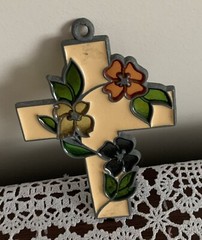 Cross Flowers Easter Stained Glass Window Suncatcher Ornament Metal 4 Inch