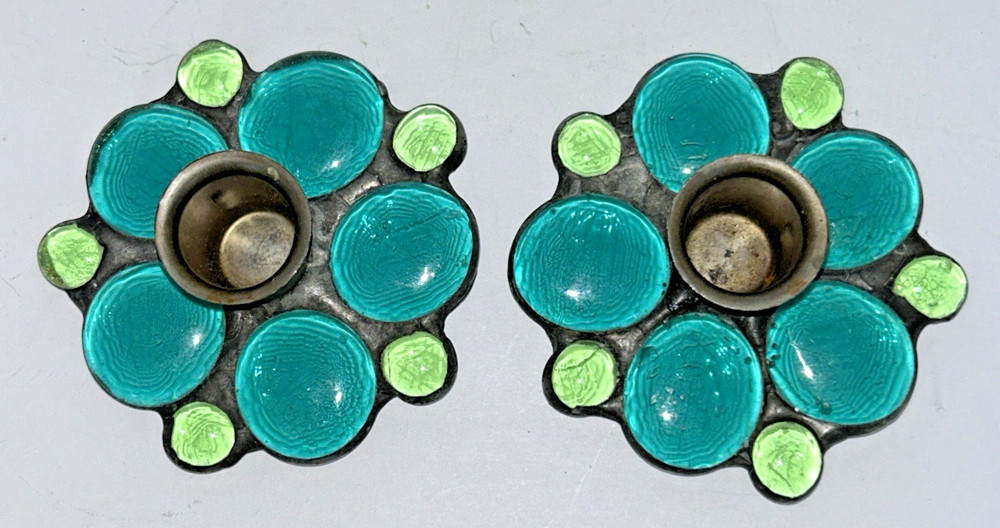 Vintage Fused Glass Handmade Green Aqua Round Marble Candle Stick Holders