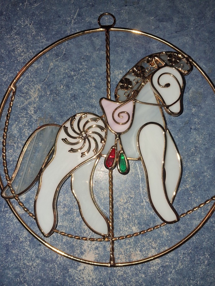 Vntg Merry-Go-Round Carousel Horse Gold Iridescent Stained Glass Suncatcher
