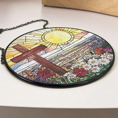 Christian Cross Stained Glass Suncatcher, Floral Sunrise Window Hanging