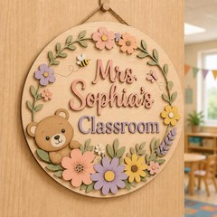Custom Floral Teddy Bear Teacher Wooden Sign with Rope