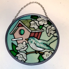 Joan Baker Designs Blue Bird Birdhouse Garden Hand Painted Glass Suncatcher 3.5″