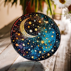 Stunning Moon Stars Celestial Round Stained Glass Suncatcher Window Hanging Pane