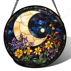 JOSUMALY Stained Glass Window Hanging – Blue Night Sky Moon Suncatcher for Do…