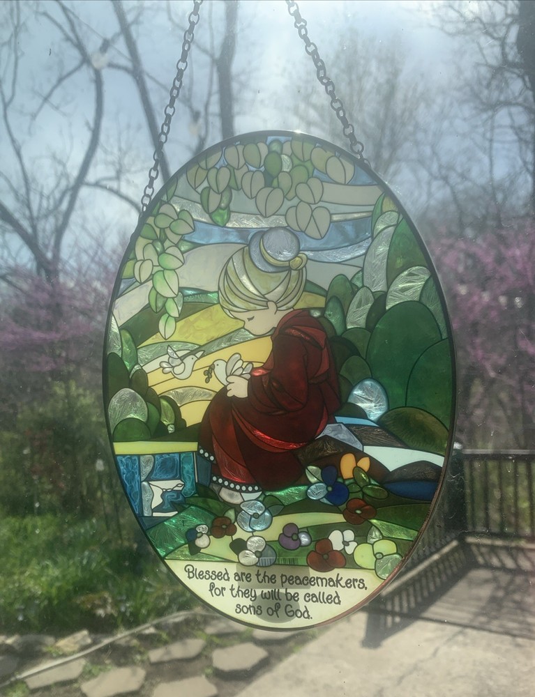 AMIA Window Art Hand Painted Glass Blessed Are The Peacemakers…Suncatcher 8.75