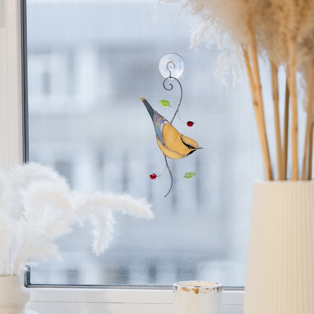 Stained Glass Cedar Waxwing Suncatcher – Bird Lover Gift for Mom or Birthday