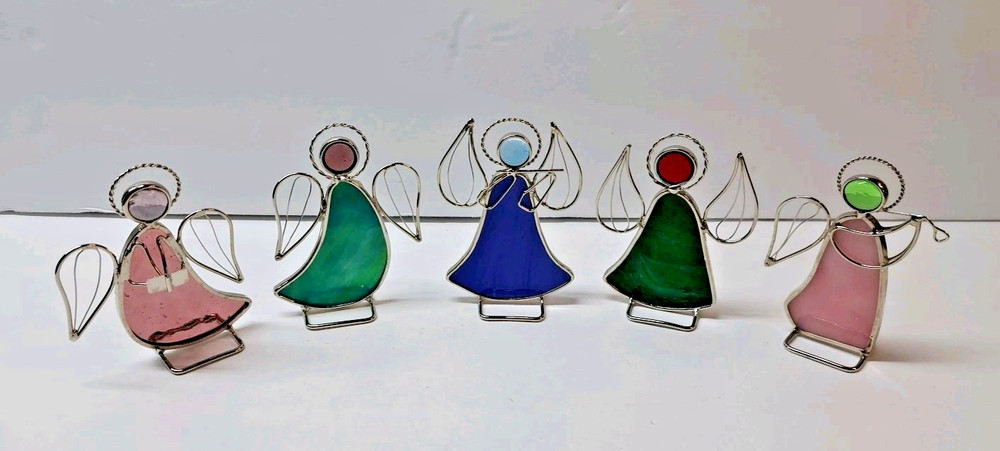 Set Of 5 Stained Glass 3.5″ Angel Sun Catchers Multicolor Vintage Holiday Decor