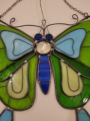 Stained Glass Suncatcher Butterfly Brilliant Blues & Greens Hand Crafted 13″x14″
