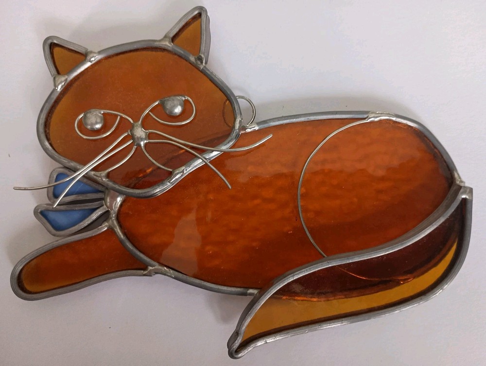 VTG Stained Glass Handmade Cat Sun Catcher Amber Artisan Scottsdale AZ 6 By 4.5″