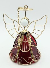 Vintage Stained Glass 3D Angel Suncatcher Red and Gold with Halo & Lyre (z400)