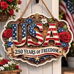 America 250th Anniversary Wall Sign with Rope Patriotic
