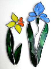 Vintage Stained Glass (2) Sun Catchers Daffodil and Blue Iris Flowers USA