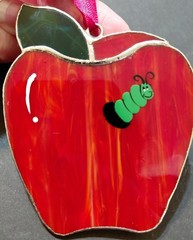 Vintage Red Apple with Green Worm Stained Glass Suncatcher