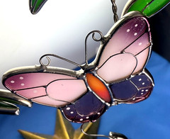 Stained Glass Sun Catcher Butterfly & Flowers 10” X 9” NO STAND INCLUDED