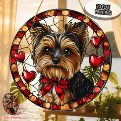 Acrylic Suncatcher Yorkshire Terrier Dog Red Hearts Round Hanging Window Decor