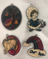 Vtg Handmade Set of 4 Glass & Acrylic Sun Catchers Rainbow Unicorn Pilgrim Girl