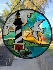 1992 Round 4.5″ JBD Stained Glass Sun-catcher Light House, Seagull, Sun w/Chain
