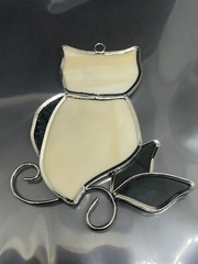 Vintage Owl Stained Glass Sun Catcher 4.25” Cream Green SilverTone Autumn Fall
