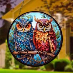 2 Owls On A Branch Suncatcher Double Sided Round Acrylic Decor