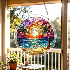 Purple Orange Sky Palm Tree Full Moon Sea Acrylic Puzzle Suncatcher Home Decor
