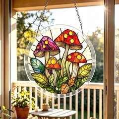 Simple Multi Size Spotted Mushroom Green Foliage Acrylic Puzzle Suncatcher Decor
