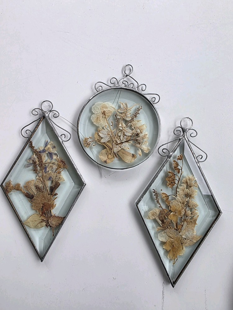 Vintage Pressed Flowers Beveled Glass Sun Catchers lot 0f 3