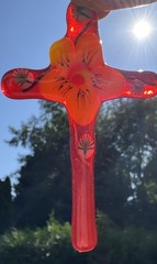 Fused Glass Cross Suncatcher Signed By Artist 4”x 2.5”