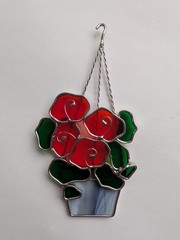 Vintage New England Rustics Glass Suncatcher Red Flowers Blue Slag glass Pot 8″